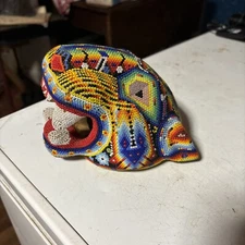 Huichol Beaded Jaguar HeadFigurine Handmade Mexican Folk Art Sculpture
