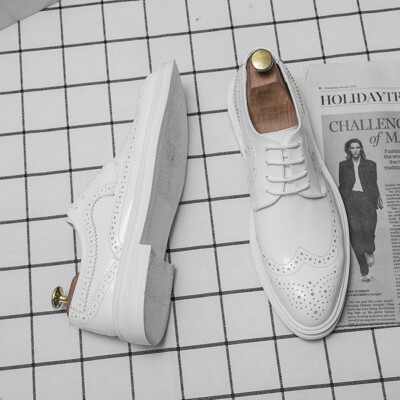 Men Laced-up Carved Wing Tip Brogues Pointed Toe Dress Formal Real Leather Shoes