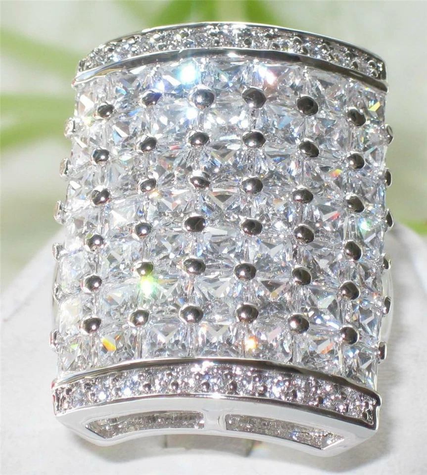 Ladies cocktail ring princess cut statement rhodium silver cz sparkling 7X116 - Image 3 of 4
