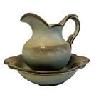 Vintage Frankoma 30A Green And Brown Small Pitcher And Water Basin Bowl Set