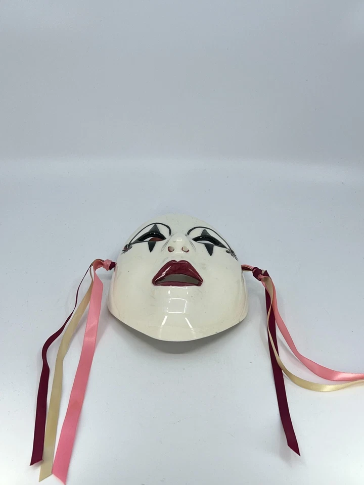 1980s Porcelain Masquerade Mask Hand-Made Hand-Painted Star Eyes Pink Ribbons - Image 3 of 4
