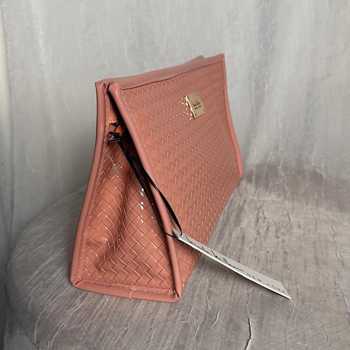 Nicole Miller Large Travel Toiletry Makeup Bag Pink Basket Weave Vegan Leather - Picture 4 of 15