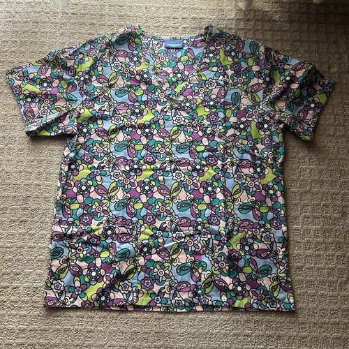 Carols Scrub Top Womens Medium Multicolor Butterflies Flowers Floral Nurse - Picture 1 of 8