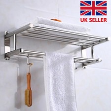 Double Tier Towel Rail Holder Wall Mounted Bathroom Rack Shelf With Hooks Silver