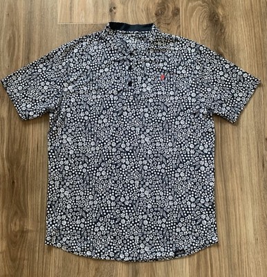 PRIMO Polo Shirt Mens L Navy MicroFloral Print Blade Collar Performance Golf