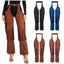 US Women Cowgirl Western Pants Tiered Tassel Chaps Riding Halloween Trousers