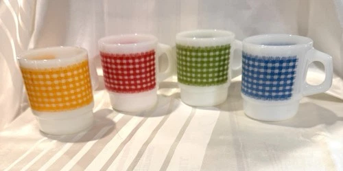 4 Vintage FIRE KING Gingham Plaid Mugs Cups RED BLUE GREEN YELLOW Milk Glass