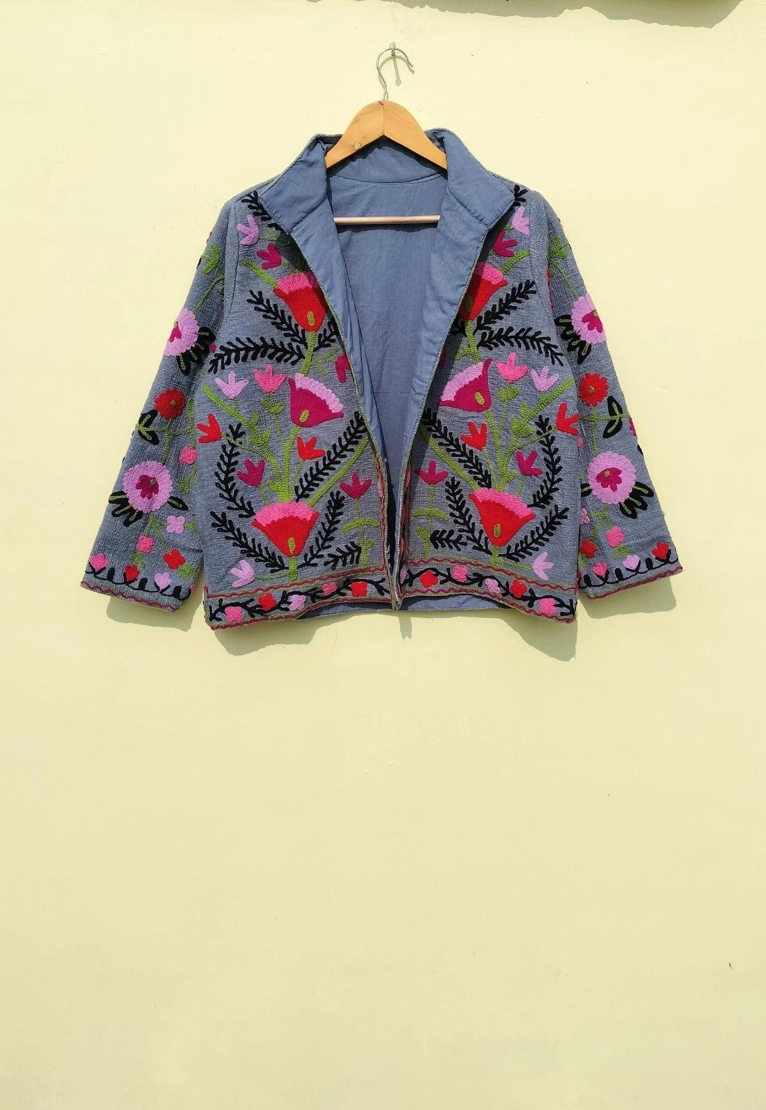 Indian Gray Suzani Floral 100% Cotton Unisex Jacket Womens Clothing Jackets US