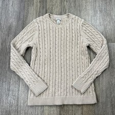 LL Bean Womens M Beige Cable Knit Sweater 100 Cotton Crew Neck Pullover 258841