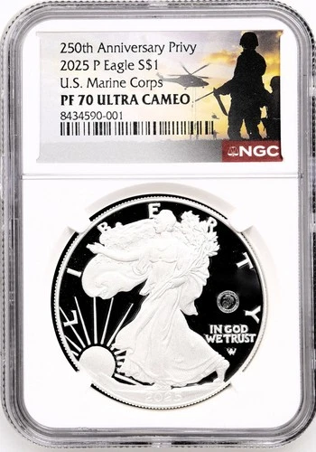 2025 P American Silver Eagle US Marine Corp 250th Privy NGC PF70 Military Label