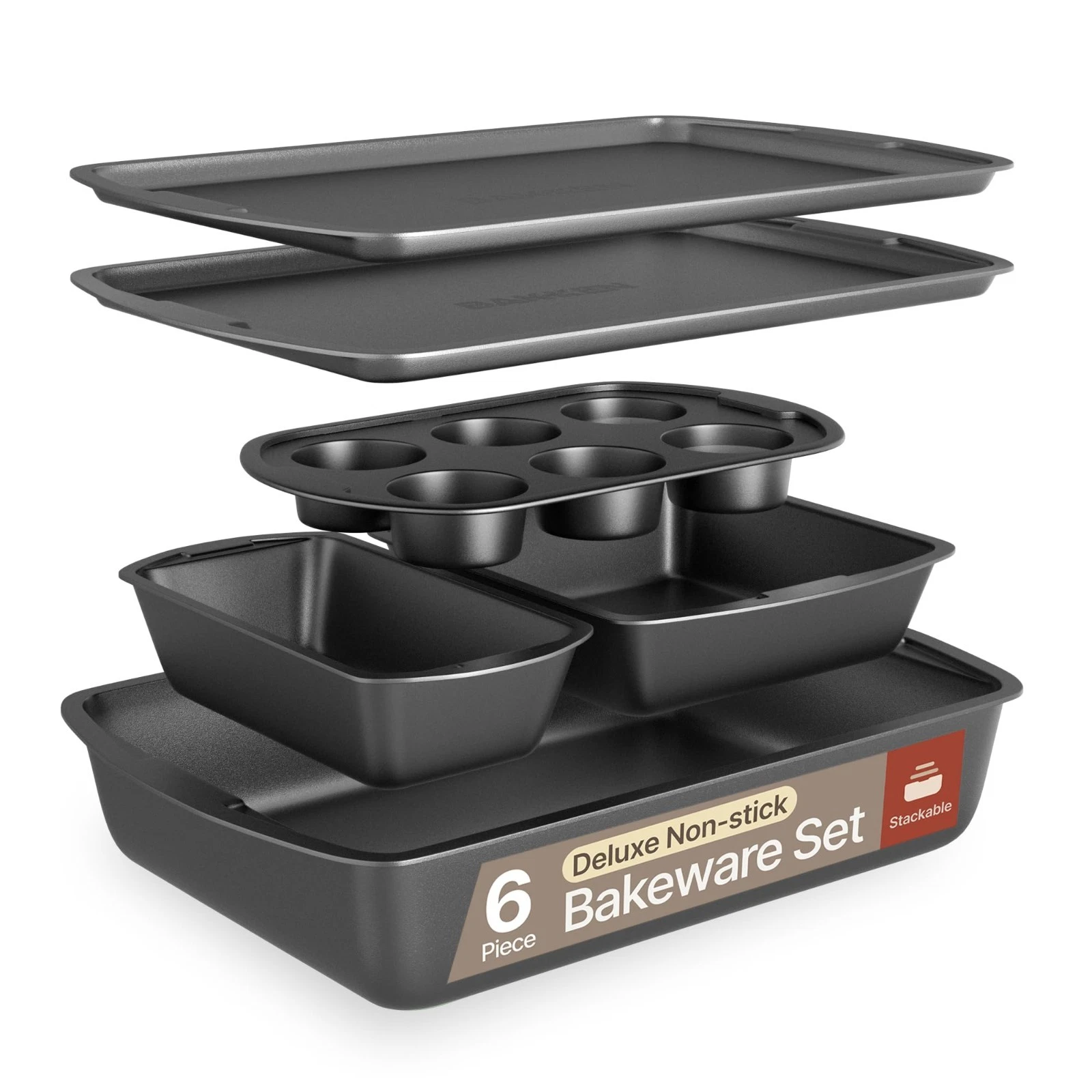 6-Piece Non-Stick Bakeware Set – Stackable Carbon Steel Baking Pans for Home & P