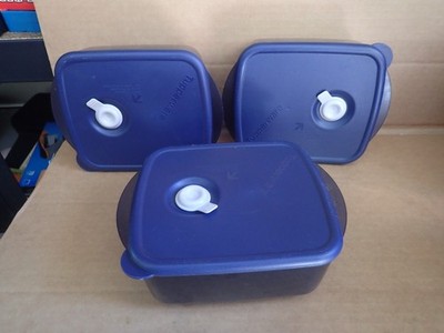 Lot of 3 Tupperware Vent-N-Serve Square Bowls Indigo Blue - Nice
