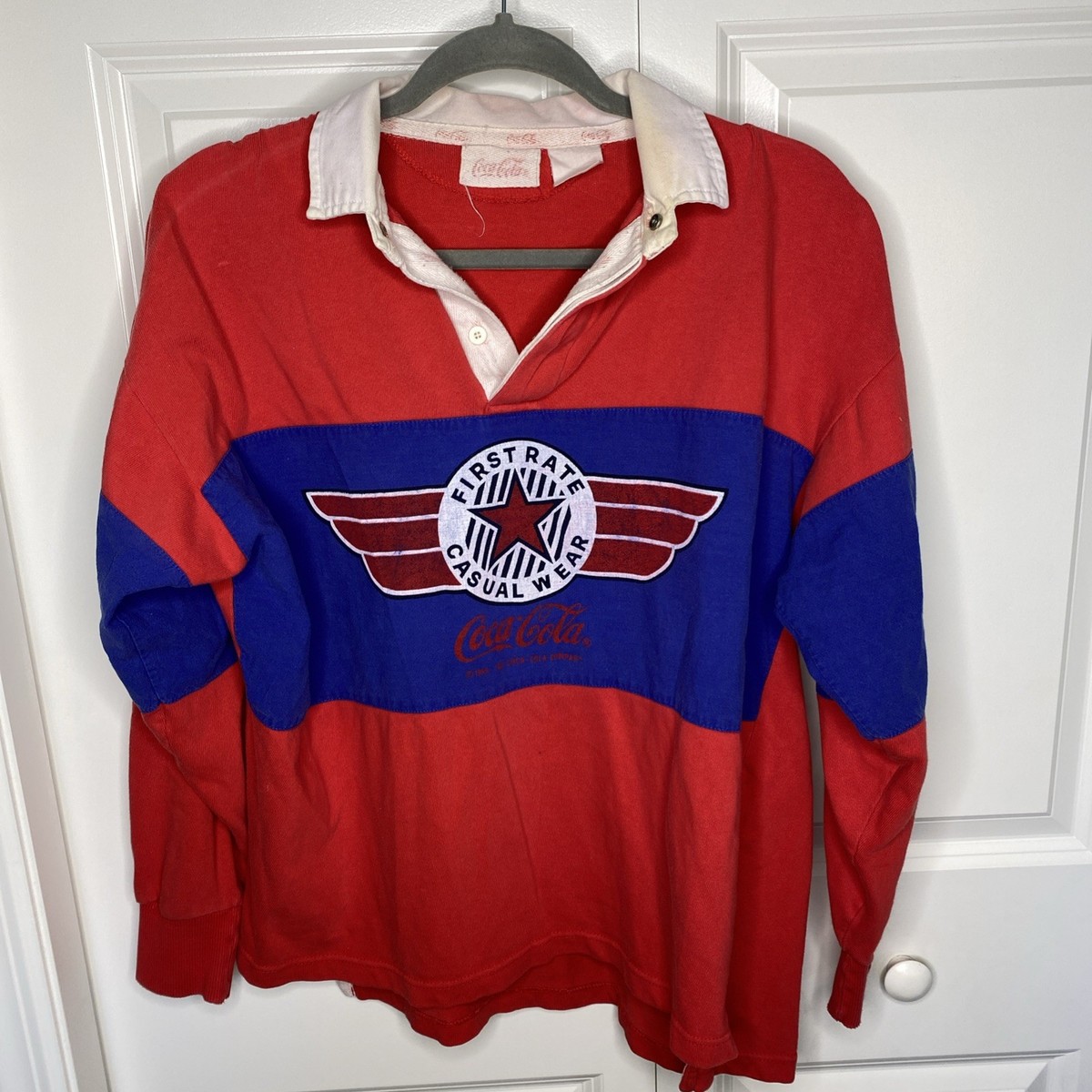 Vintage Coca-Cola First Rate Casual Wear Rugby Shirt Red Blue read 