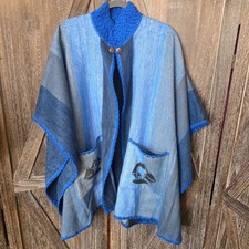 Tejidos Camm Poncho One Size Blue Stripe Alpaca Graphic Pockets Alpaca Blend
