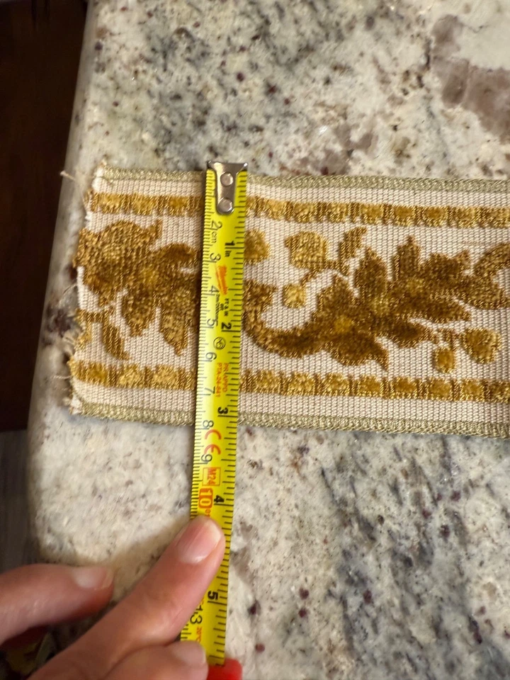 Vtg Upholstery Trim Embroidered Leaf Design Gold Chenille Mid Mod Retro 3” x108 - Image 2 of 4