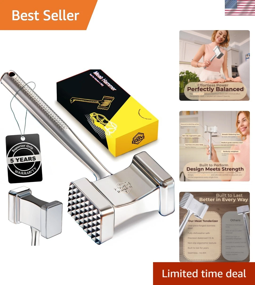 Stainless Steel Meat Mallet Hammer Tenderizer, Textured Grip Meat Mallet Tend...