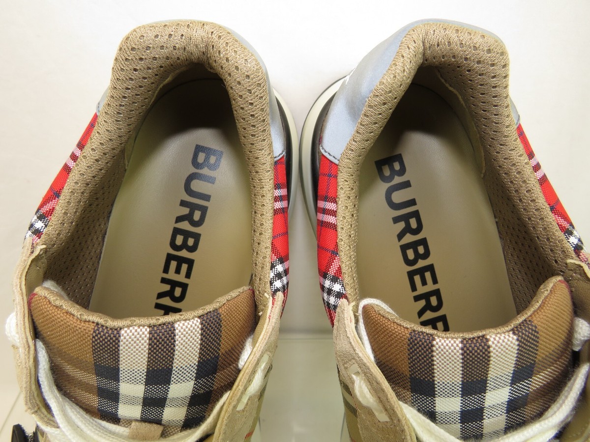 BURBERRY RAMSEY RED BEIGE CHECK CANVAS SUEDE LOGO STRAP