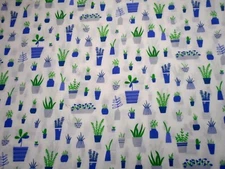 Quilt Fabric 1 7/8 Yard Green Blue Floral Plant Blue Pots White Premium Cotton C