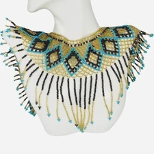 Indigenous Yawanawa Gold Beaded Collar Bib Fringe Necklace 17" Brazilian Ethnic 