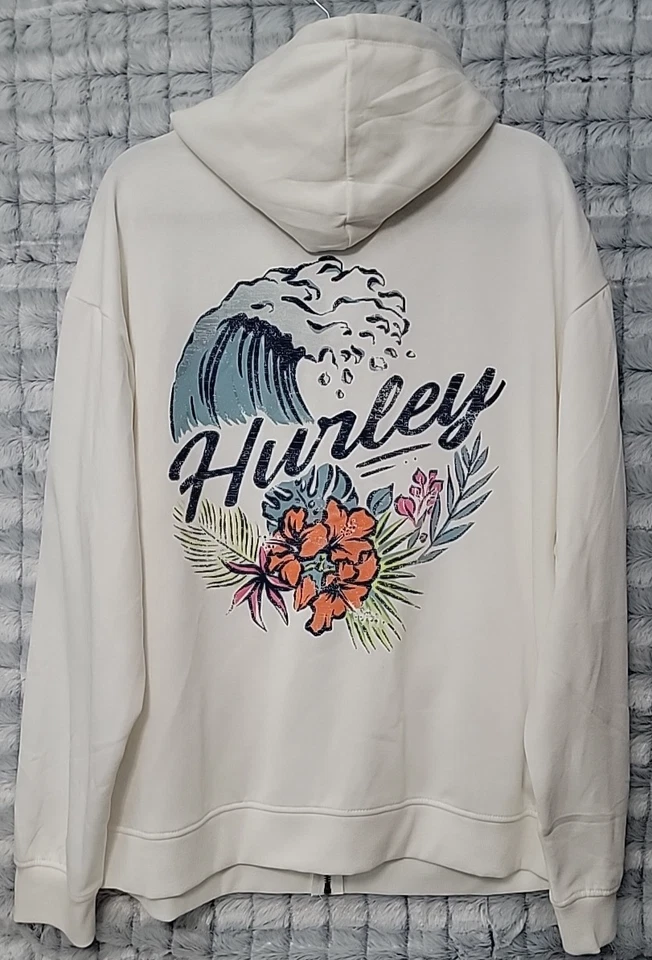 Sudadera con Capucha Hurley Blanca Envejecida Floral Para Mujer 1X Cremallera Completa Polar Capucha Sudadera Foto 3 de 4