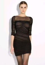 BCBGMAXAZRIA Danika Illusion Bodice Ruched Shirred Size S Dress in Black #CB5
