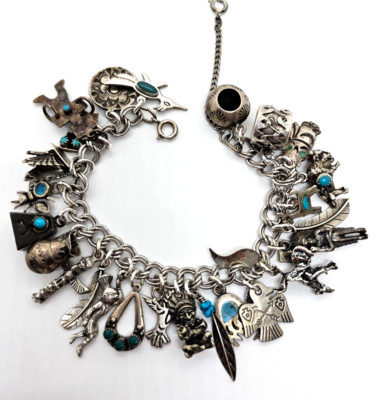 Vintage Sterlingsilber indianisches Bettelarmband mit 25 Charms 7 1/2'' Zuni Navajo & Hopi!
