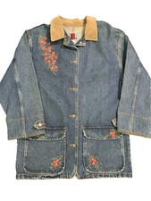 Vtg Denim Blue Jean Western Trench Coat Chore Field Jacket Womens Medium Cherry