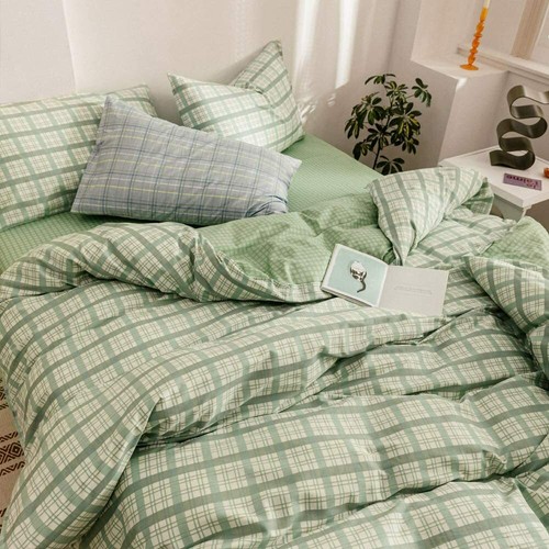 Twin Duvet Cover Green Grid Bedding 