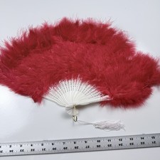 Vintage Red Feather Folding Hand Fan with White Plastic Handle  Tassel