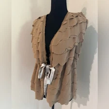 dolan women's tan ruffled open front tie waist vest size small