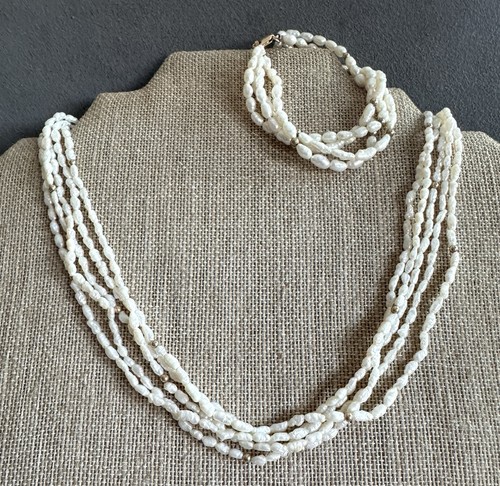 Vtg Multi-Strand PEARL NECKLACE + BRACELET SET 14K Gold Spacer Beads & CLASPS - Picture 2 of 6
