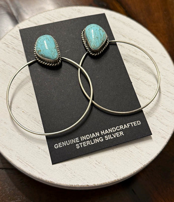 Native American Elouise Kee Handmade Silver Mine #8 Turquoise Hoop Earrings