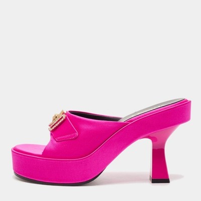 Versace Biggie Medusa Size 38 Fuchsia Satin Platform Slide Sandals