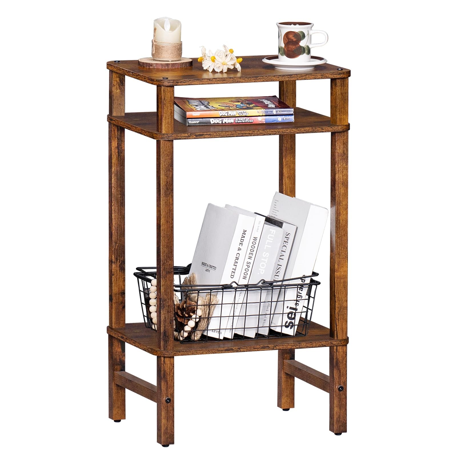 28in Tall 3-Tier Slim Side Table for Small Spaces, Farmhouse Style, Brown