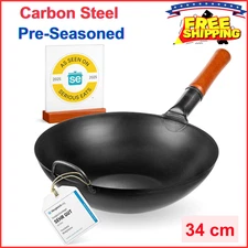YOSUKATA Carbon Steel Wok Pan 13.5" PreSeasoned Flat Bottom Pow Wok For Stir Fry