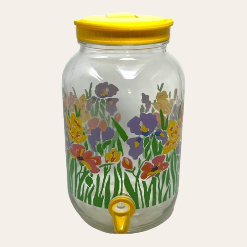Vintage Retro Daffodil Yellow Sun Tea Glass Jar Dispenser With Spout and Handle
