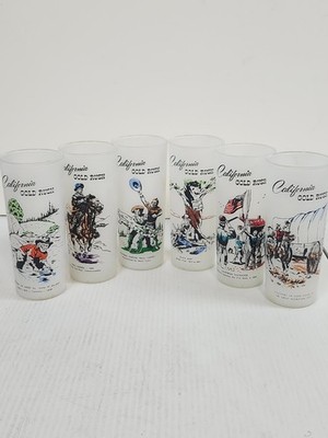 Vintage California Gold Rush Glasses Set of 6   Frosted Western Tumblers
