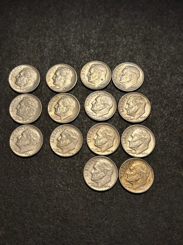 14- Roosevelt Dimes 1964-D Almost Uncirculated Condition 90% Silver