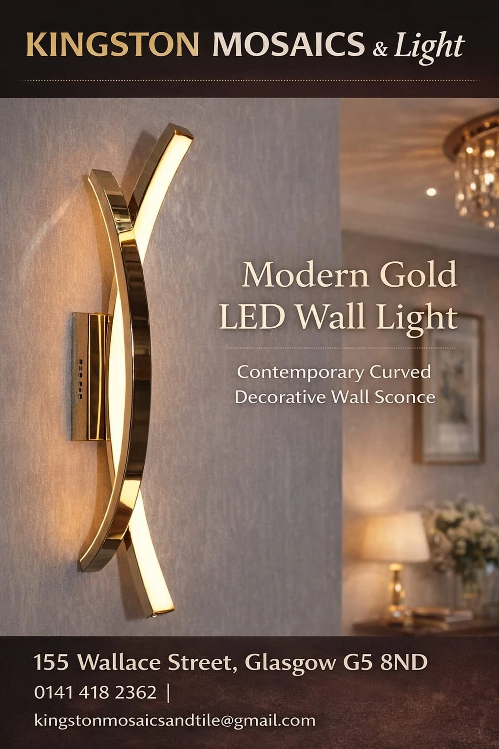Modern Gold LED Wall Light – Contemporary Curved Decorative Wall Sconce - Picture 1 of 3