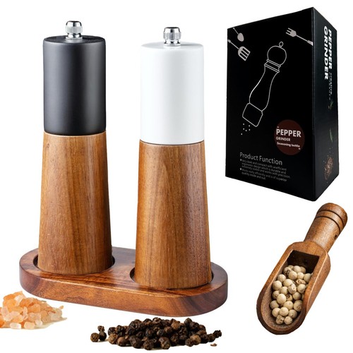 Wooden Salt and Pepper Grinder Set,Crafted of Solid Acacia Wood with Ceramic ...