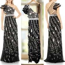 Mac Duggal NWT Embroidered One Shoulder Gown Black Floral Strappy Lace up Dress