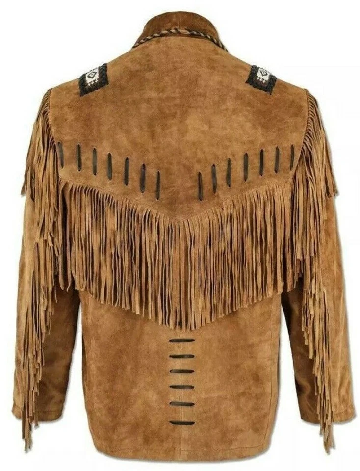 Men's Traditional  Cowboy Western Leather Jacket Coat  with Fringes beads - Image 3 of 4