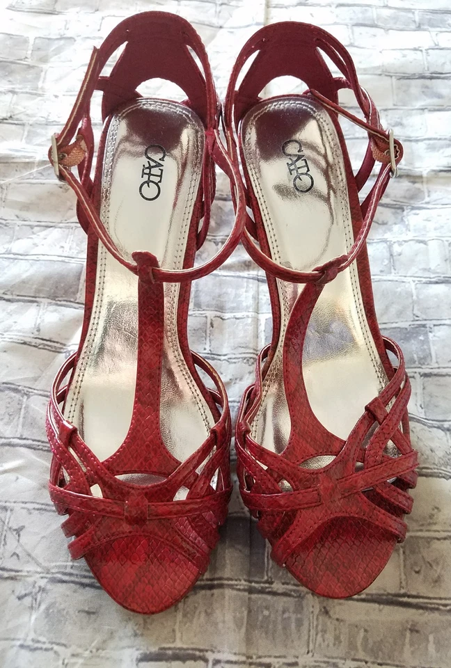 Cato 红色蛇纹印花 T 型带踝带露趾绑带高跟鞋 7M -a7 — 第 3/4 张图片