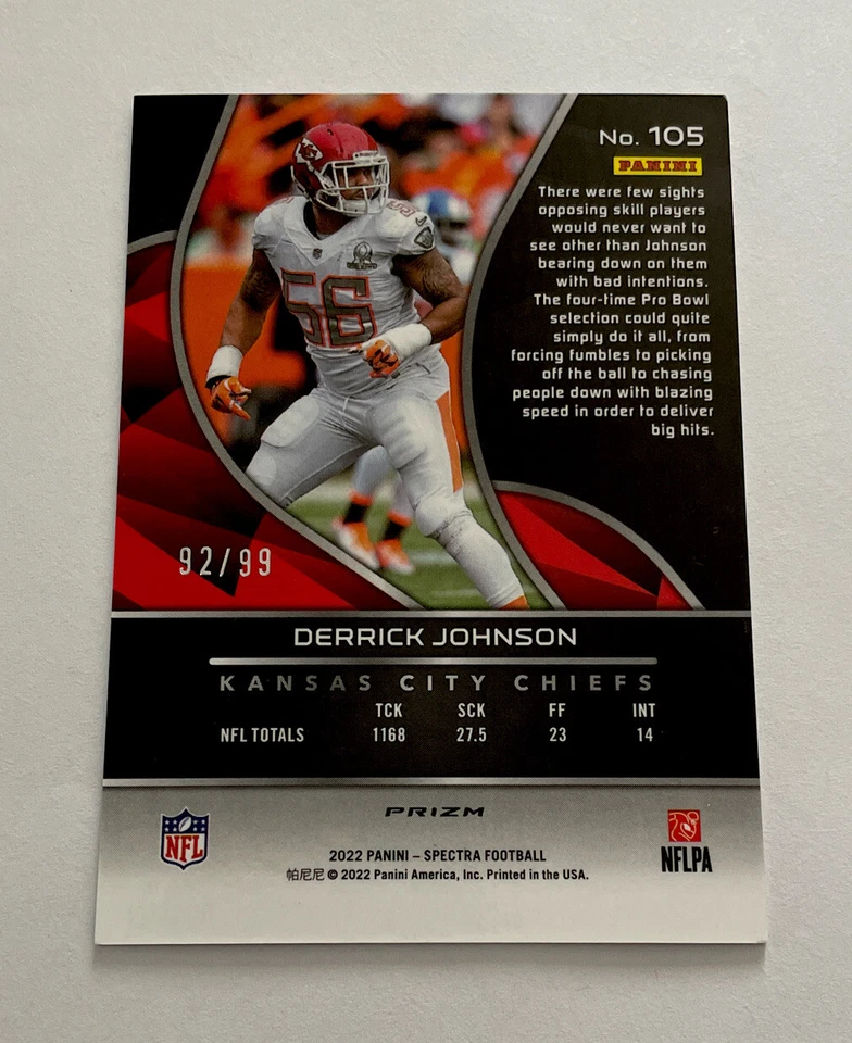 Derrick Johnson 2022 Spectra CELESTIAL PRIZM /99 Kansas City Chiefs #105 - Image 2 of 2