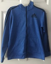 Boys Youth Adidas Solid Blue Full Zipper Long Sleeve Casual Hoodie Size L
