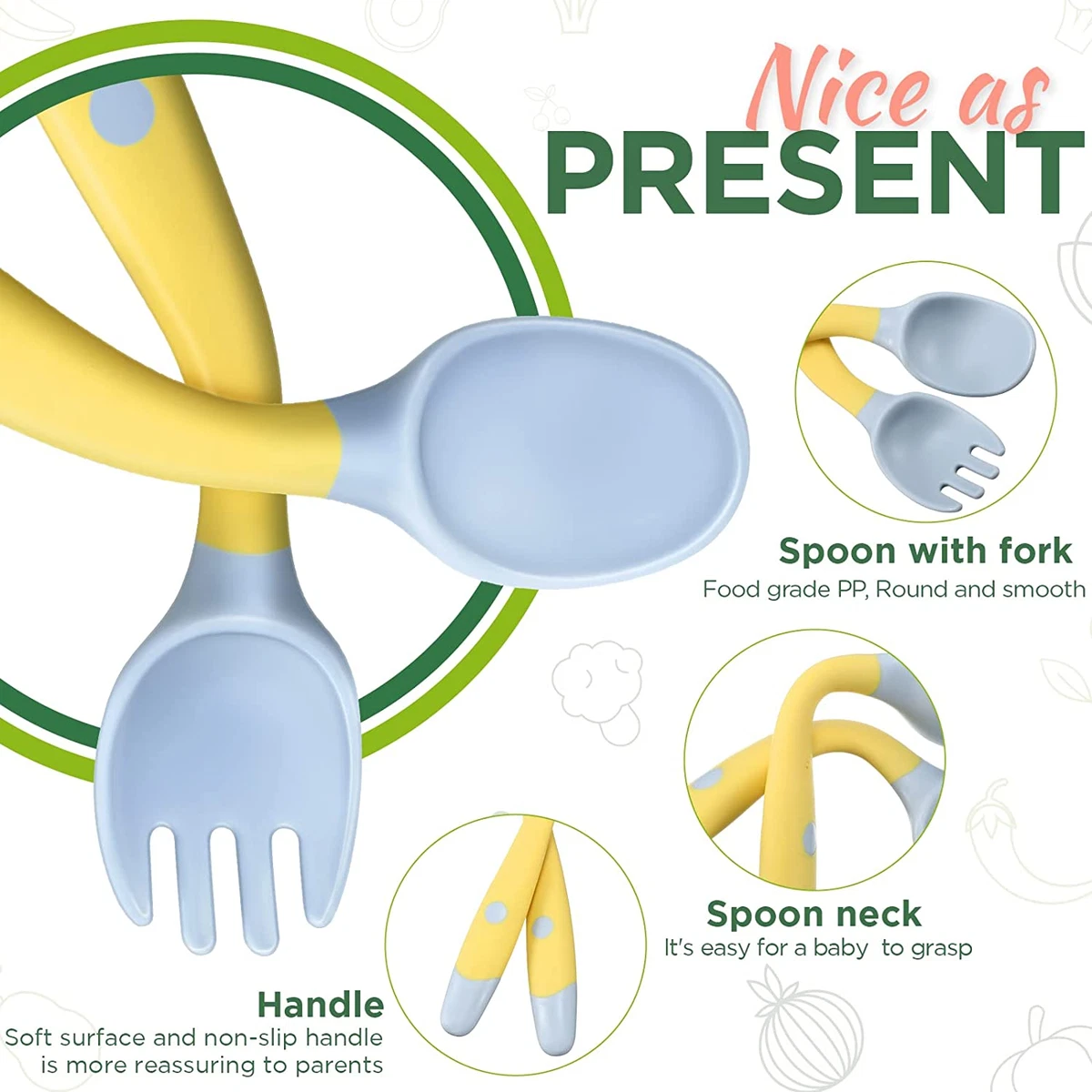 Baby Utensils Spoons Forks Set Baby Toddler Self-Feeding Soft Perfect Bendable Spoon Fork Utensils Set for Self-Training