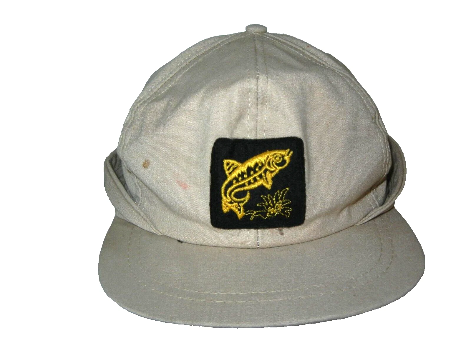 Vtg 70s/80s FISHING HAT Khaki Brown NECK SHADE FLAP CAP Summer Sun Hike Sz S/M