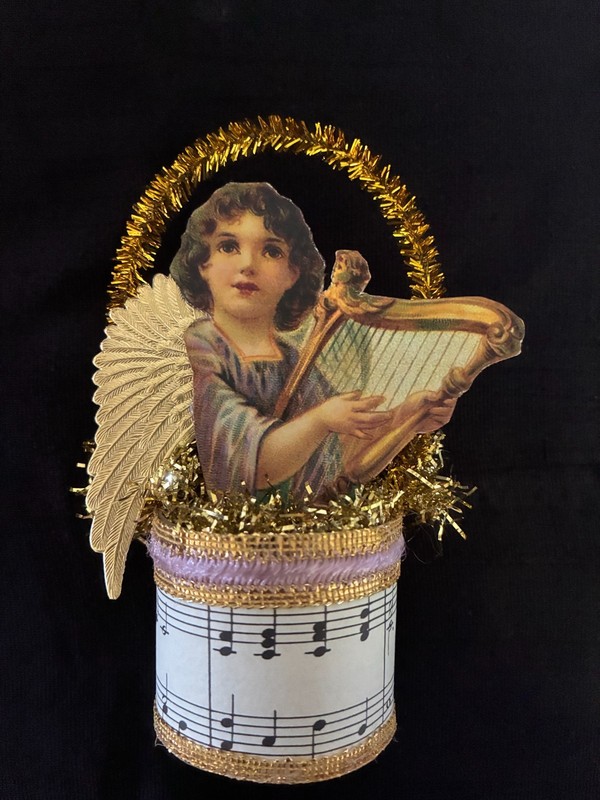 Antique Look Scrap Christmas Ornament,   ANGEL  with HARP,   Music,   Handmade
