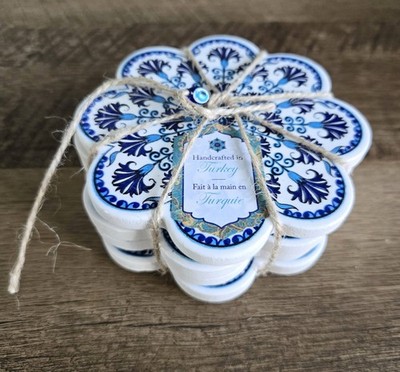 Set 4 Turkish Ceramic Pottery Floral Handcrafted Scallop Tile Coasters Boho