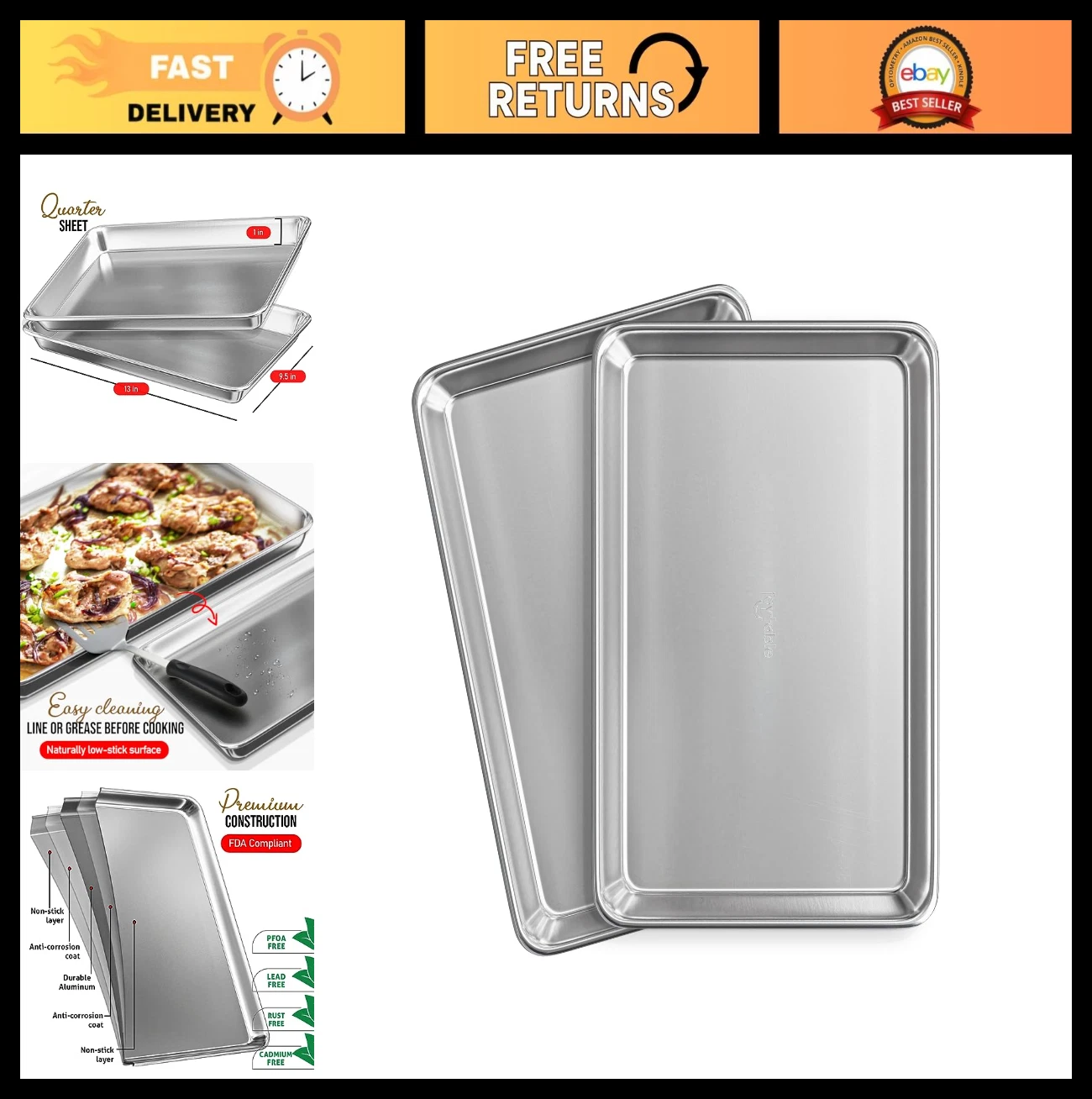 Aluminum Baking Sheet Set - 2 Pack Non-Stick Cookie Sheets, 15x10 Inch, Warp Res